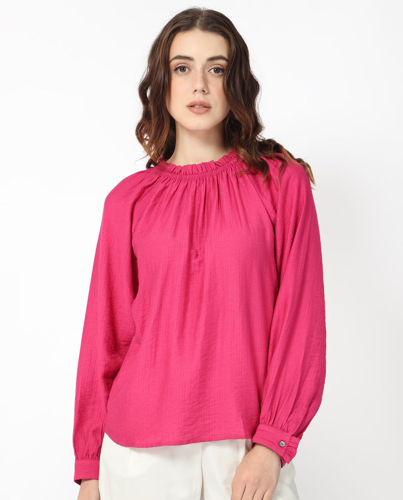 Rareism Women'S Harof Dark Pink Polyester Fabric Regular Fit High Neck Full Sleeves Solid Top