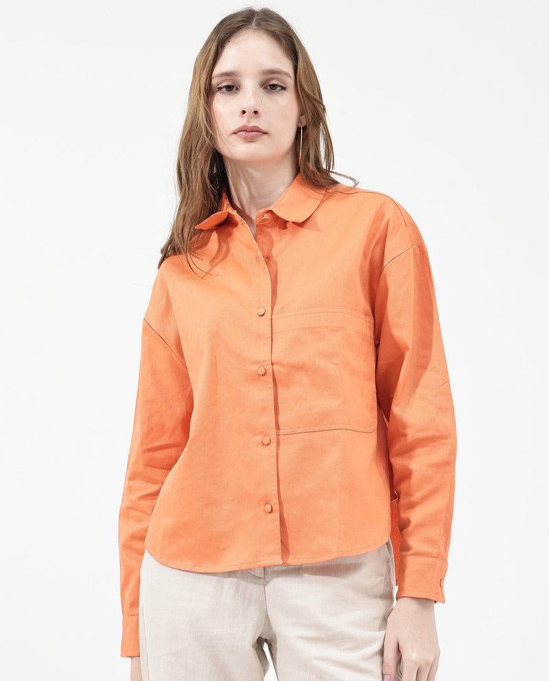 Rareism Women'S Harrila Orange Cotton Fabric Collared Neck Solid Regular Fit Shirt