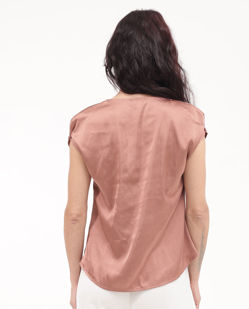 Rareism Women'S Hawter Brown Polyester Fabric Cap Sleeve Cowl Neck Solid Regular Length Top