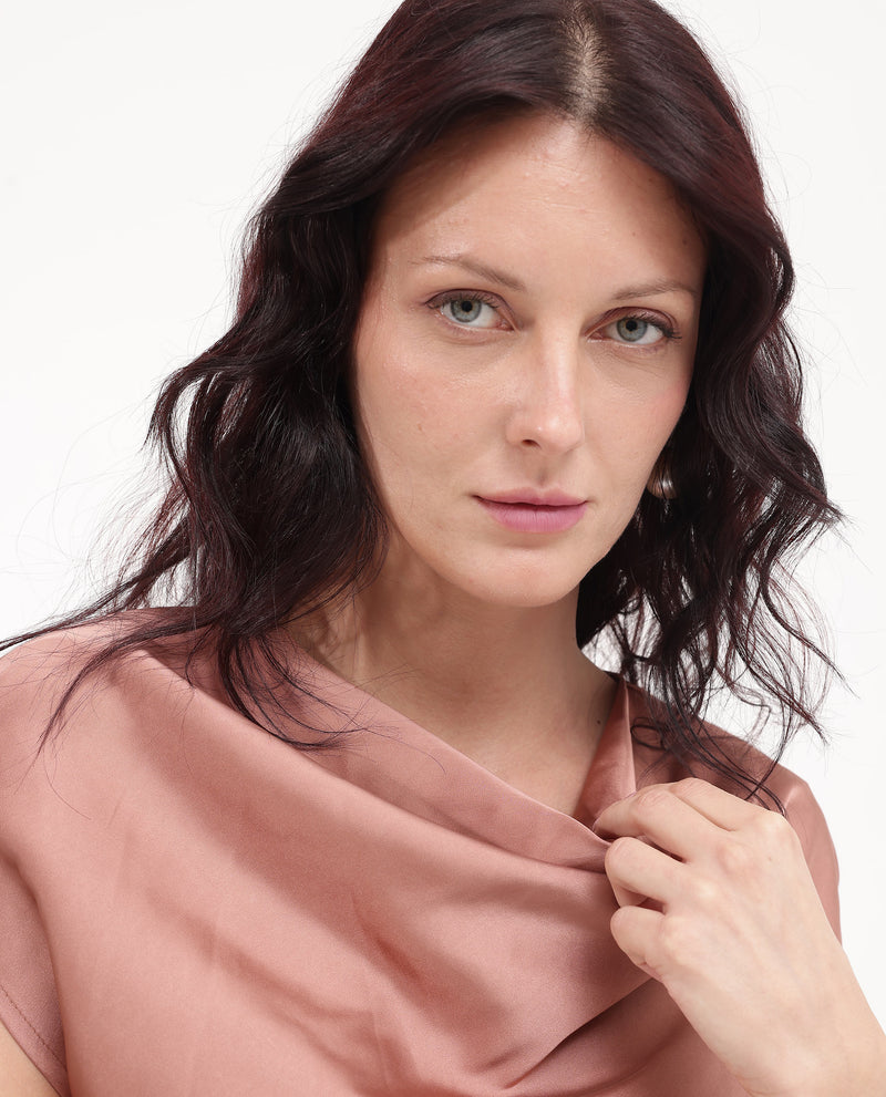 Rareism Women'S Hawter Brown Polyester Fabric Cap Sleeve Cowl Neck Solid Regular Length Top