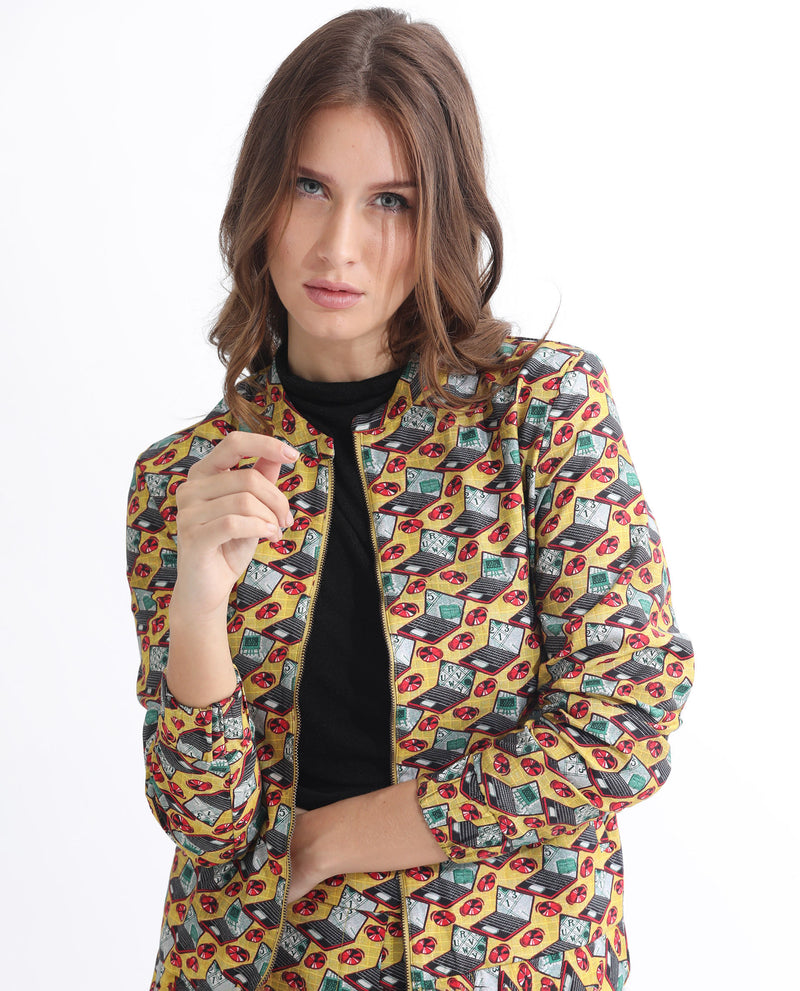 Rareism Women'S Hertie-T Yellow Cotton Viscose Fabric Full Sleeves Geometric Print Mandarin Collar Jacket