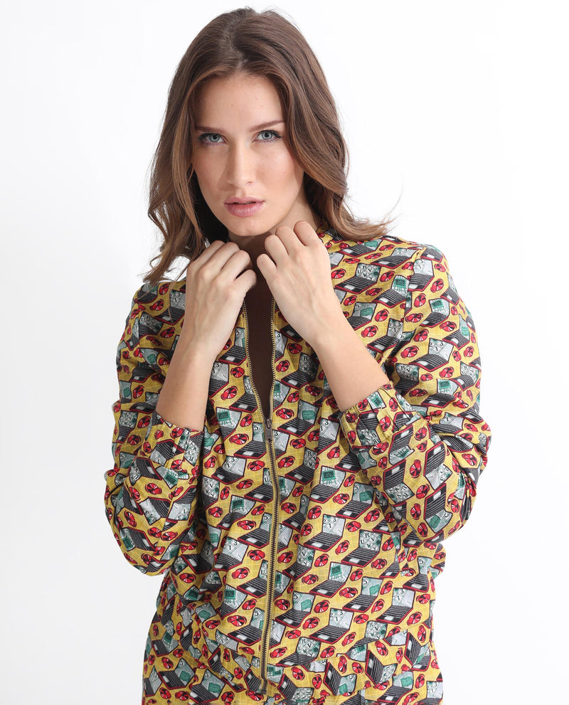Rareism Women'S Hertie-T Yellow Cotton Viscose Fabric Full Sleeves Geometric Print Mandarin Collar Jacket