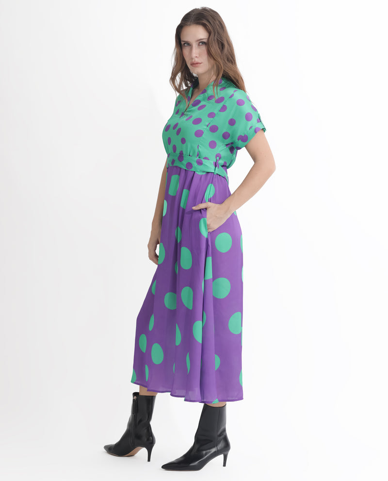 Rareism Women's Hirten Purple Polyester Fabric Short Sleeves V-Neck Extended Sleeve Regular Fit Polka Maxi A-Line Dress