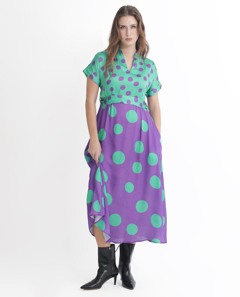 Rareism Women's Hirten Purple Polyester Fabric Short Sleeves V-Neck Extended Sleeve Regular Fit Polka Maxi A-Line Dress
