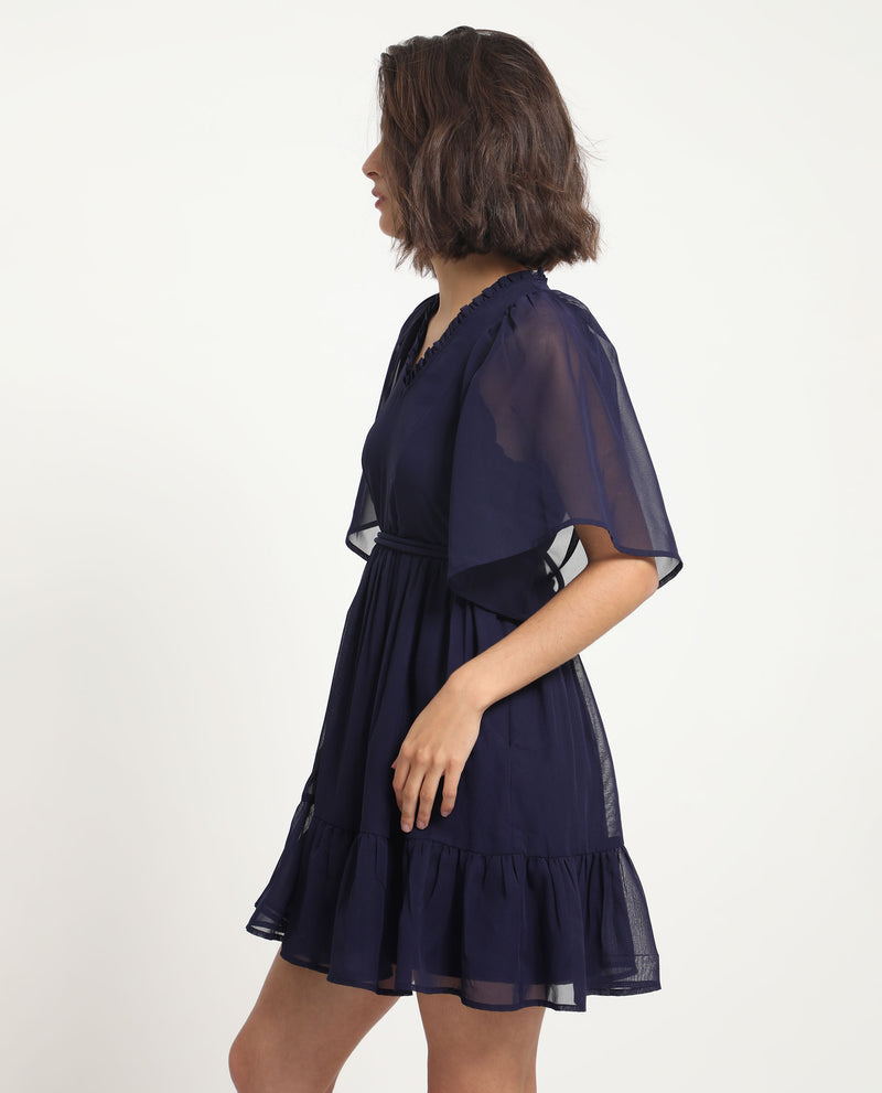 Rareism Women's Hocker Navy Polyester Fabric Short Sleeves Ruffled Neck Flutter Sleeve Regular Fit Plain Short Tiered Dress