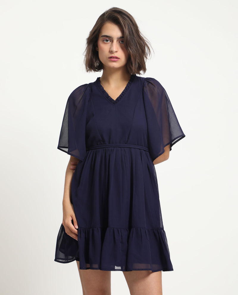 Rareism Women's Hocker Navy Polyester Fabric Short Sleeves Ruffled Neck Flutter Sleeve Regular Fit Plain Short Tiered Dress