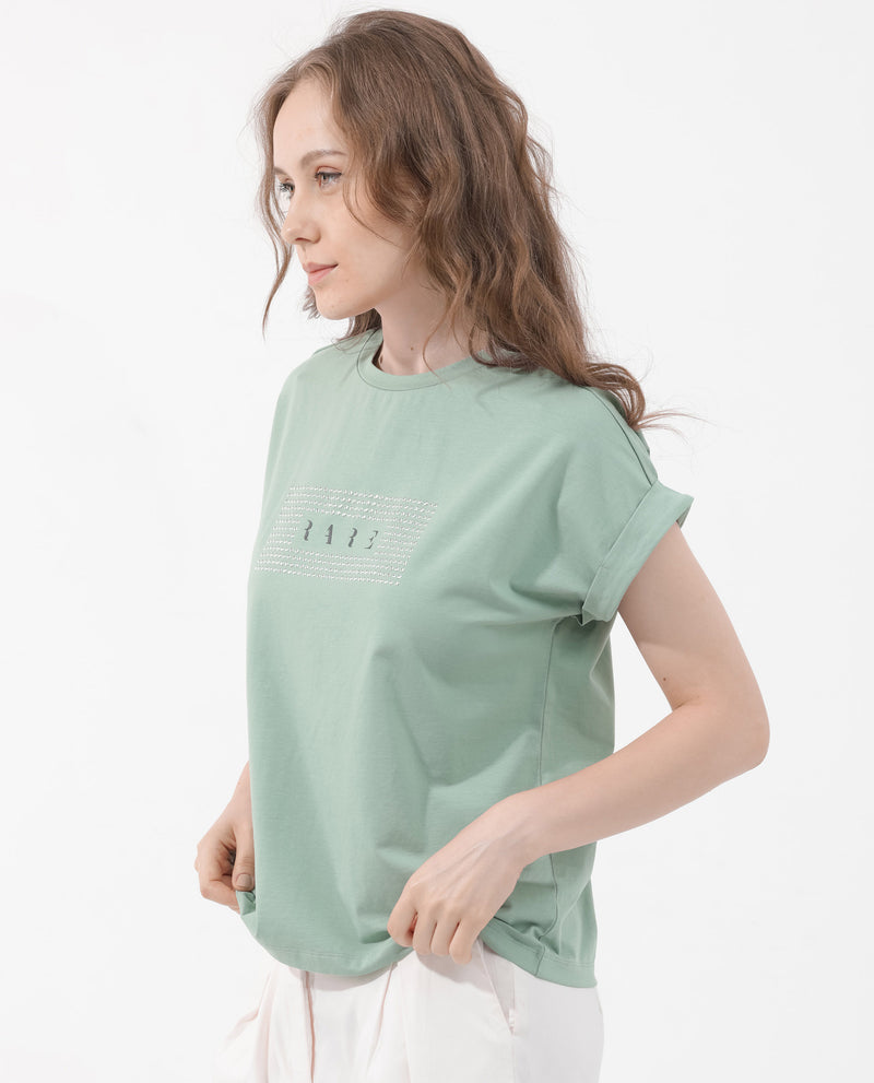 Rareism Women'S Hoet Green Cotton Elastane Fabric Crew Neck Knit Solid T-Shirt