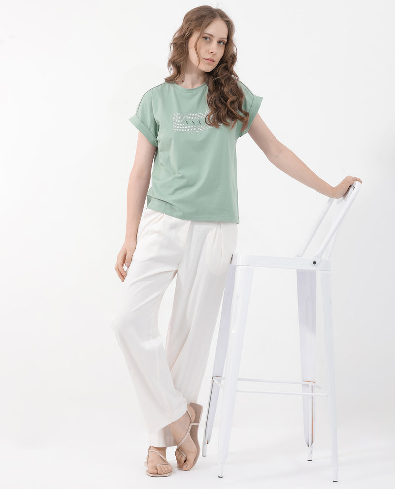 Rareism Women'S Hoet Green Cotton Elastane Fabric Crew Neck Knit Solid T-Shirt