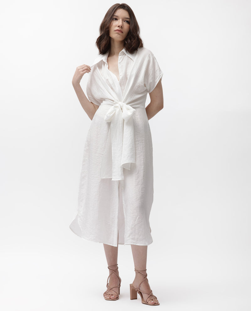RAREISM WOMEN'S HUSEN DARK WHITE DRESS SHORT SLEEVES COLLARED NECK ANKLE LENGTH