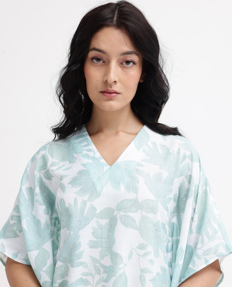 Rareism Women'S Ibac Light Green Linen Fabric Short Sleeve V-Neck Leaf Print Regular Fit Top