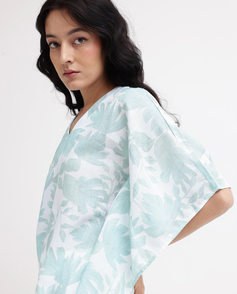 Rareism Women'S Ibac Light Green Linen Fabric Short Sleeve V-Neck Leaf Print Regular Fit Top