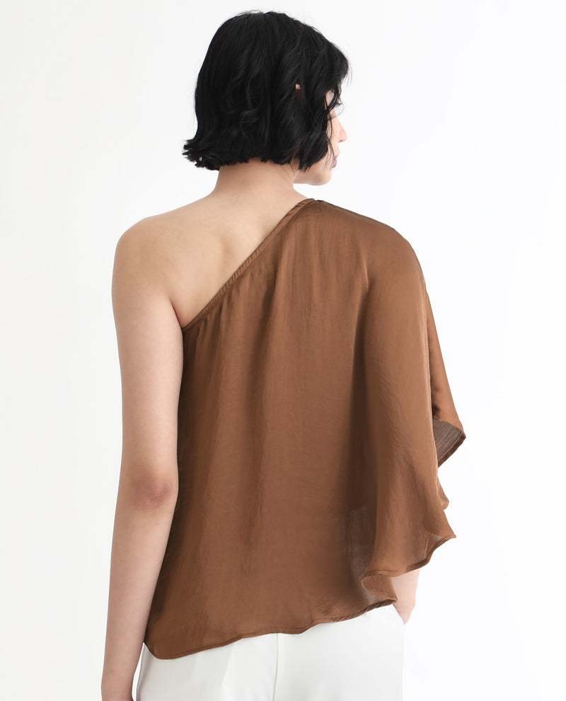 Rareism Women's Ibis Dark Brown Polyester Fabric Off Shoulder Button Closure Flared Sleeve Regular Fit Plain Top