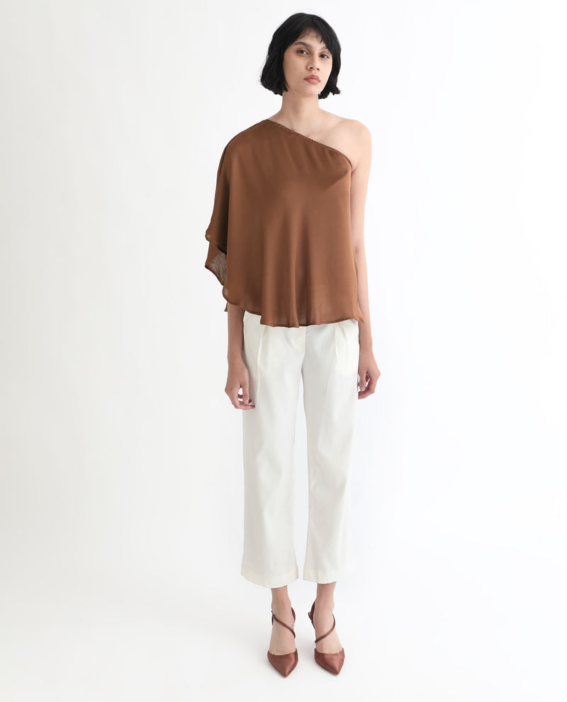 Rareism Women's Ibis Dark Brown Polyester Fabric Off Shoulder Button Closure Flared Sleeve Regular Fit Plain Top
