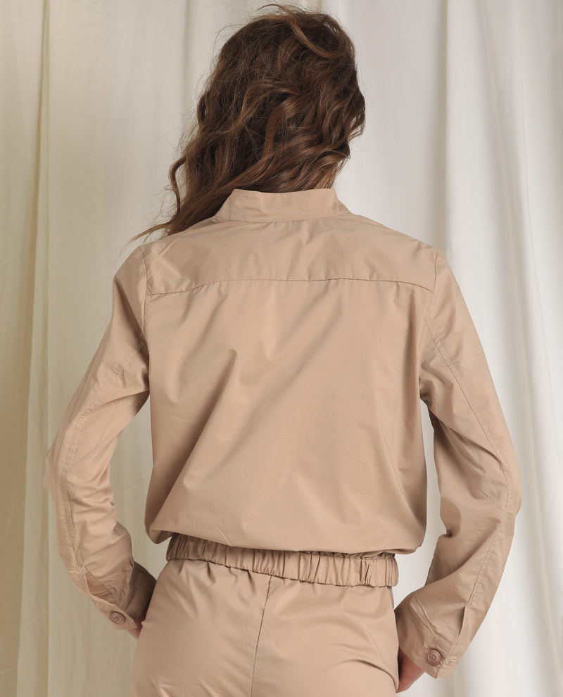 Rareism Women'S Aomori Beige Poly Lycra Fabric Full Sleeves Solid Mandarin Collar Jacket