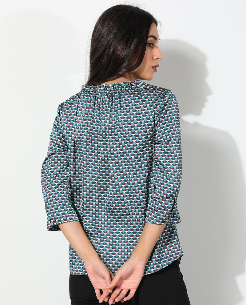 Rareism Women's Ivy Multi Polyester Fabric 3/4Th Sleeves Ruffled Neck Puff Sleeve Regular Fit Geometric Print Top