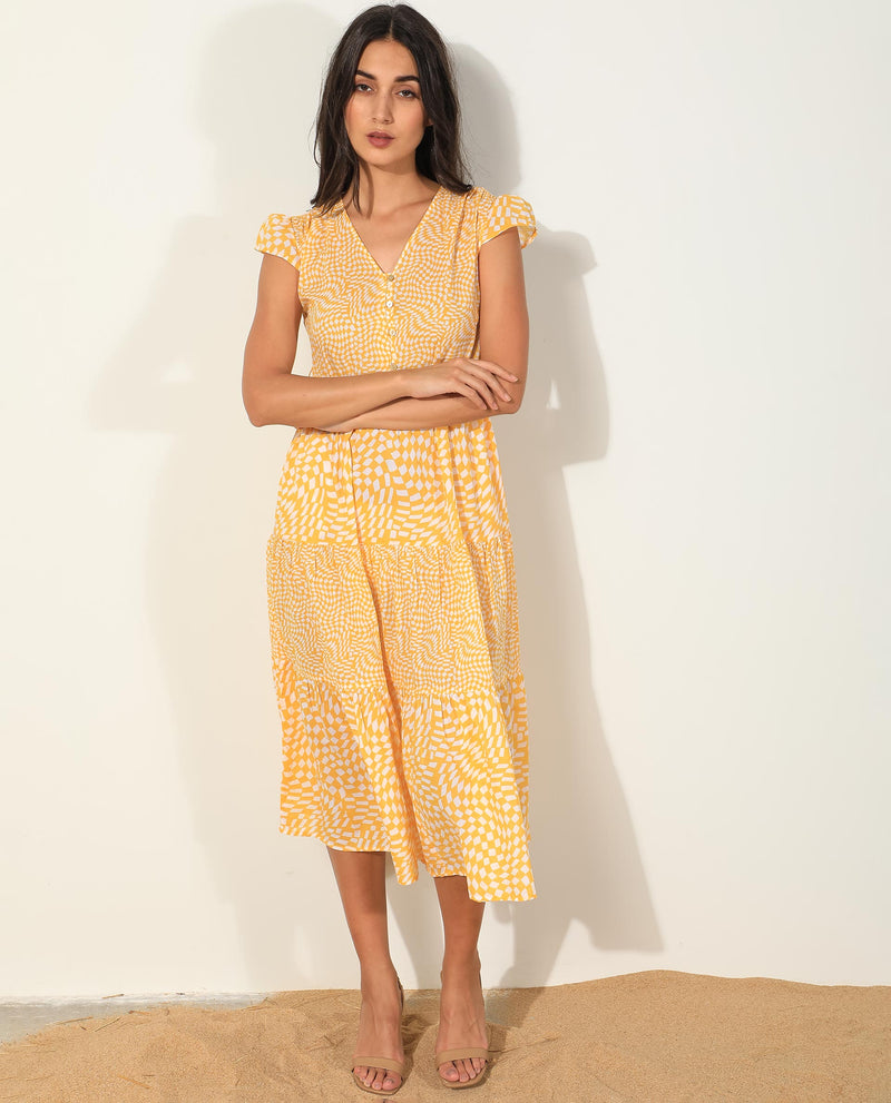 Rareism Women's Whitney Yellow Cotton Fabric Short Sleeves Button Closure V-Neck Cap Sleeve Regular Fit Geometric Print Knee Length Tiered Dress
