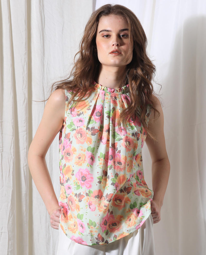 Rareism Women'S Litty Multi Viscose Fabric Ruffled Neck Sleeveless Regular Fit Floral Print Knee Length Top