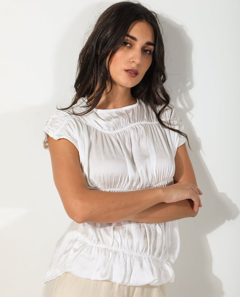 Rareism Women's Larissa Dark White Polyester Fabric Short Sleeves Zip Closure Boat Neck Extended Sleeve Regular Fit Plain Top