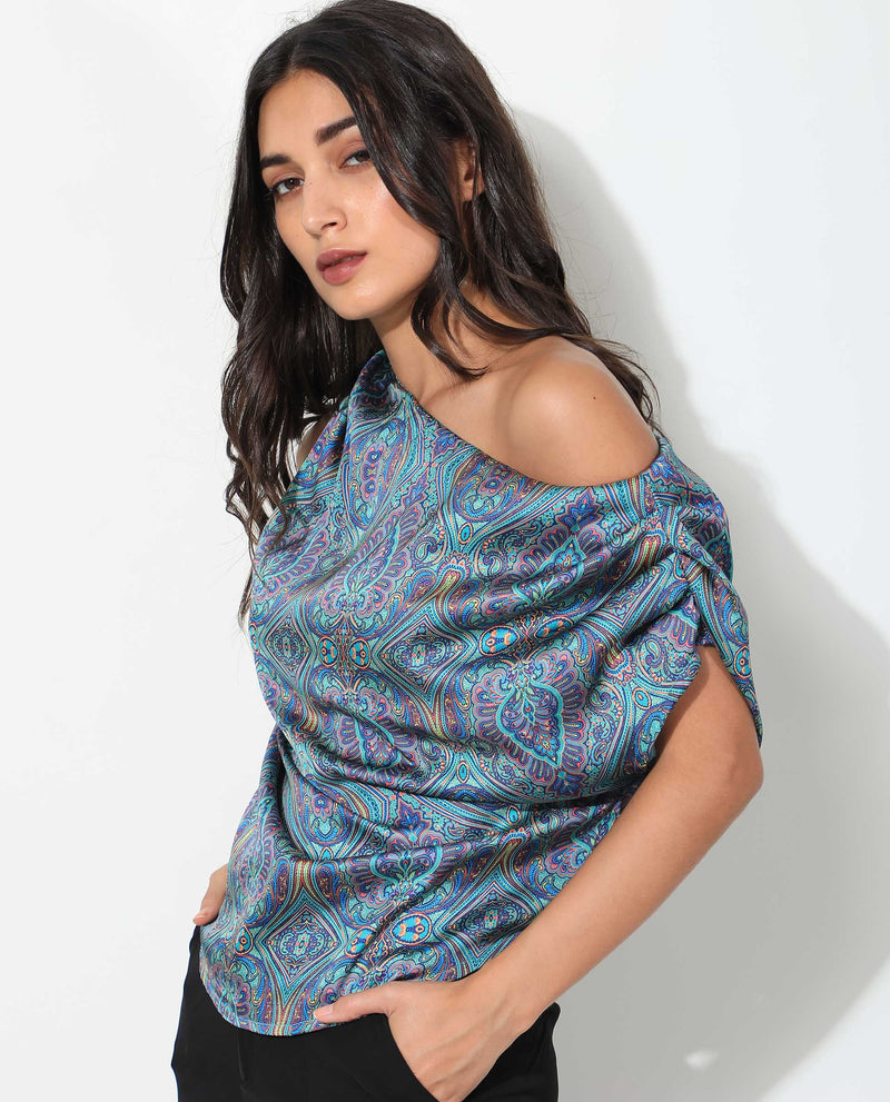 Rareism Women's Sydney Blue Polyester Fabric Regular Fit Tube Neck Off Shoulder Abstract Print Top
