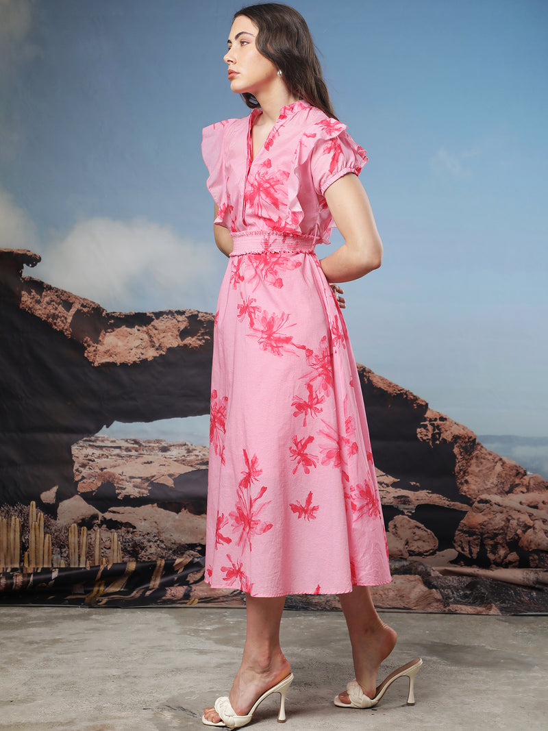 Rareism Women'S Octane Light Pink Cotton Fabric Short Sleeves Button Closure Mandarin Collar Extended Sleeve Regular Fit Abstract Print Knee Length Flared Dress