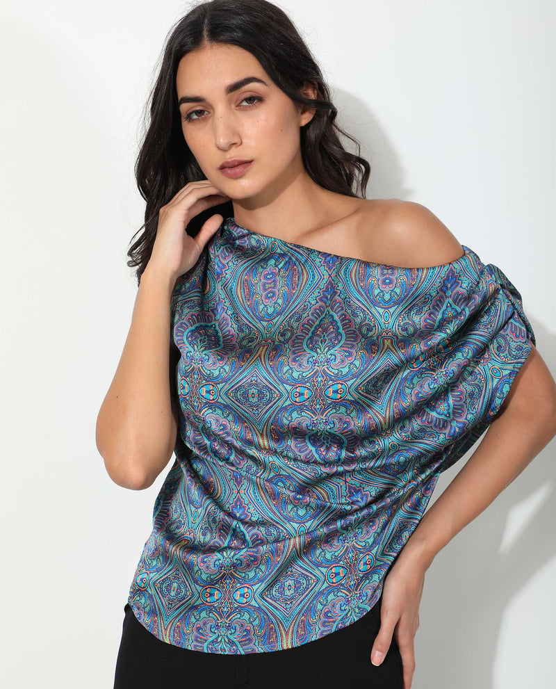 Rareism Women's Sydney Blue Polyester Fabric Regular Fit Tube Neck Off Shoulder Abstract Print Top