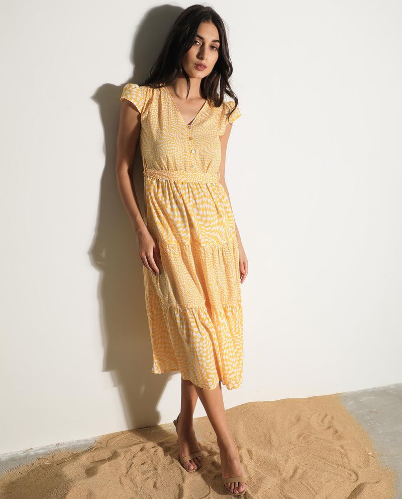 Rareism Women's Whitney Yellow Cotton Fabric Short Sleeves Button Closure V-Neck Cap Sleeve Regular Fit Geometric Print Knee Length Tiered Dress