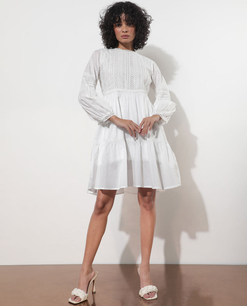 RAREISM WOMEN'S DARMINI WHITE DRESS COTTON FABRIC CREW NECK SOLID PRINT