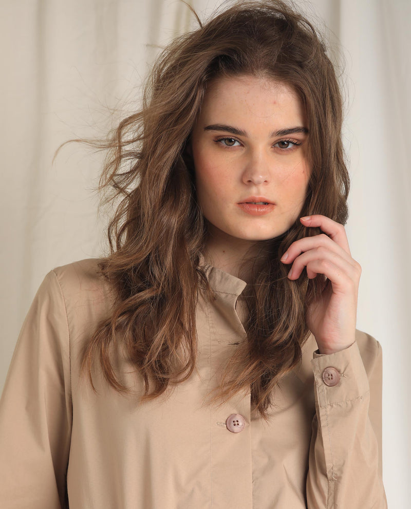 Rareism Women'S Aomori Beige Poly Lycra Fabric Full Sleeves Solid Mandarin Collar Jacket