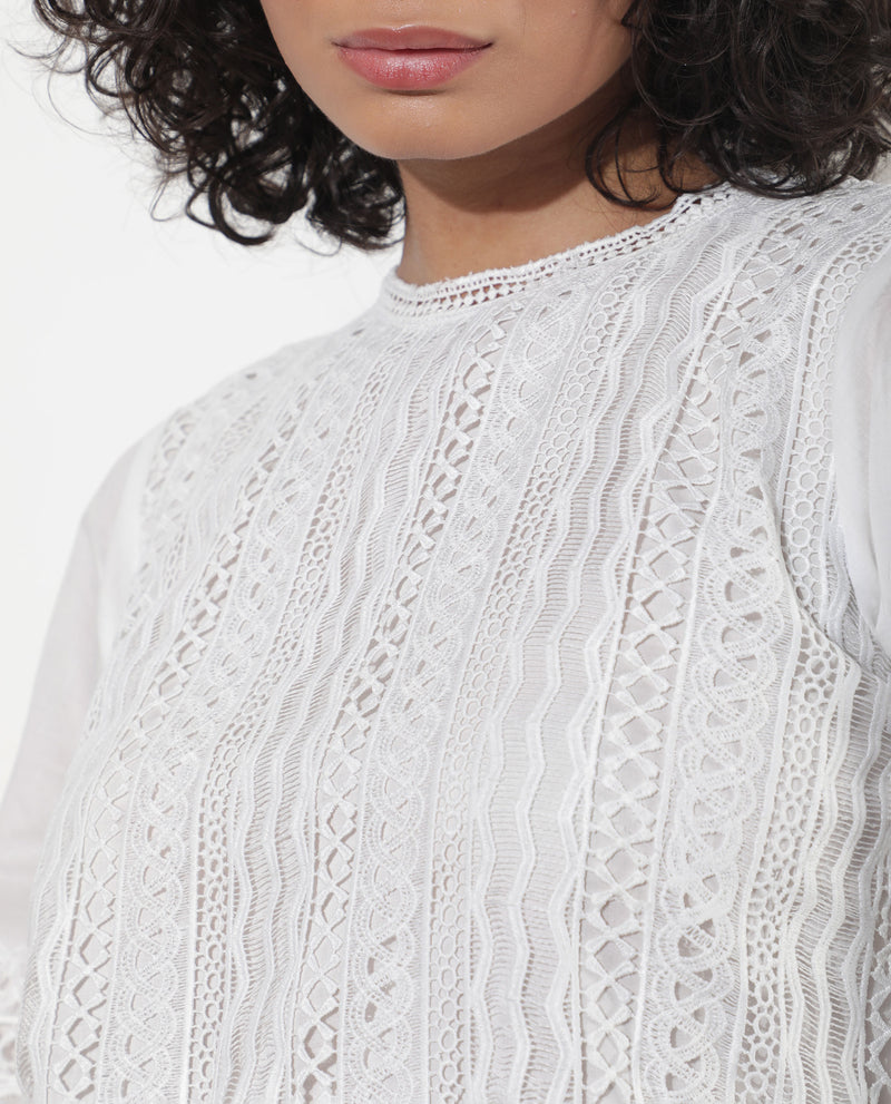 RAREISM WOMEN'S DARMINI WHITE DRESS COTTON FABRIC CREW NECK SOLID PRINT