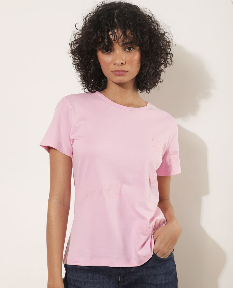 Rareism Women's Oratio Pastel Purple Cotton Fabric Short Sleeves Crew Neck Regular Fit Flock Print T-Shirt