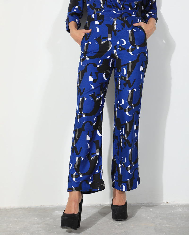 Rareism Women's Ryan Blue Viscose Fabric Regular Fit Abstract Print Ankle Length Trousers