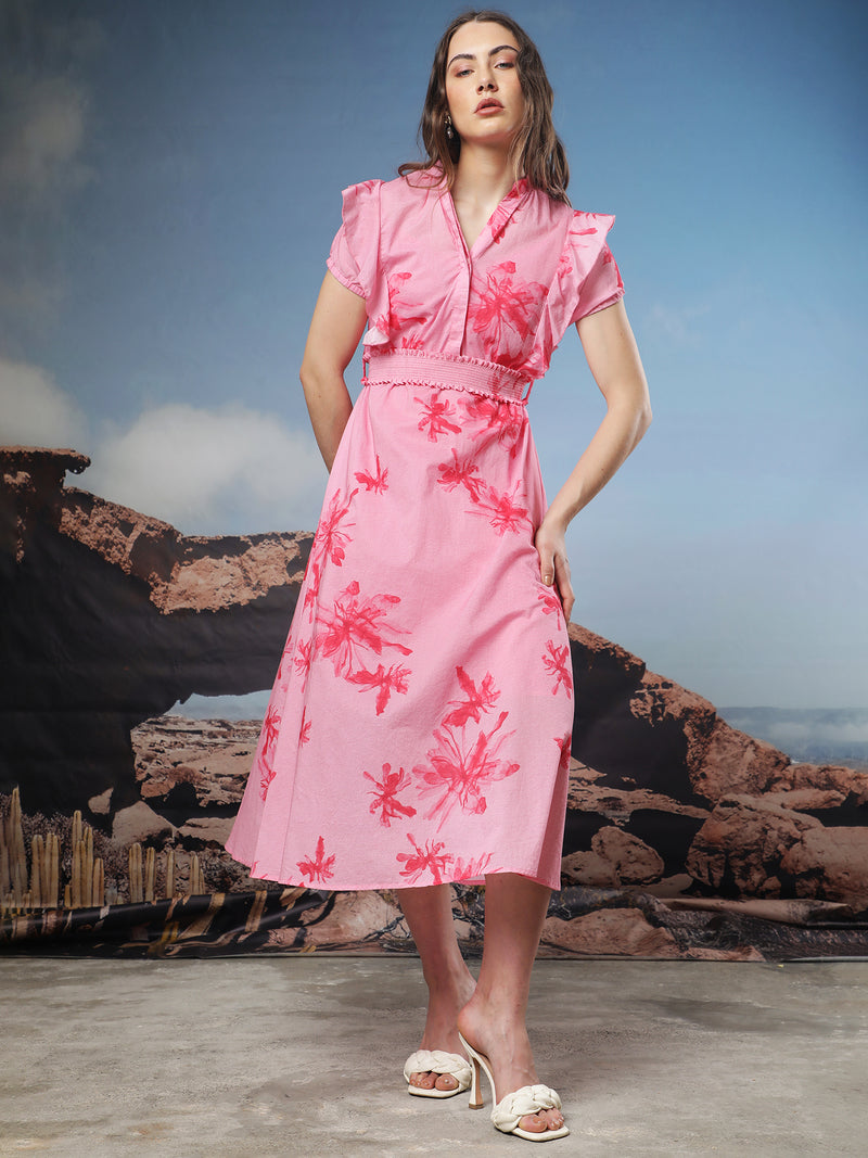 Rareism Women'S Octane Light Pink Cotton Fabric Short Sleeves Button Closure Mandarin Collar Extended Sleeve Regular Fit Abstract Print Knee Length Flared Dress