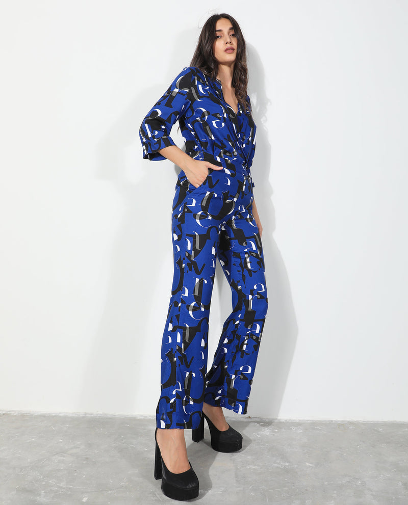 Rareism Women's Ryan Blue Viscose Fabric Regular Fit Abstract Print Ankle Length Trousers