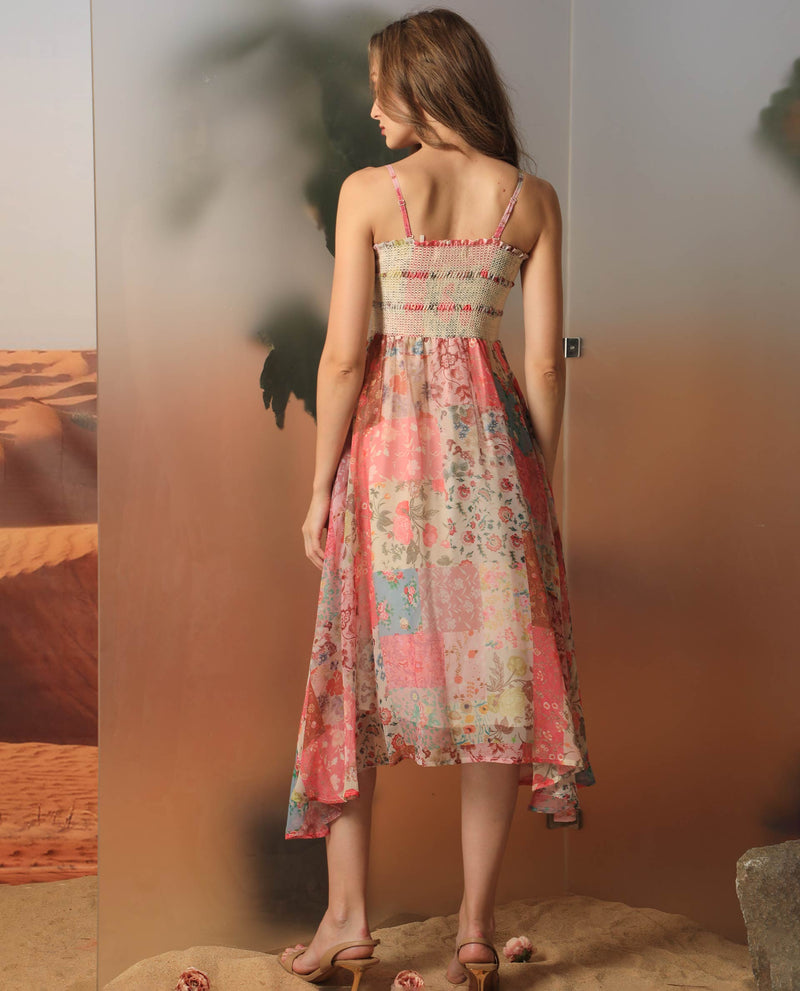 Rareism Women's Louiza Multi Polyester Fabric Sleeveless Shoulder Straps Regular Fit Floral Print Knee Length Empire Dress