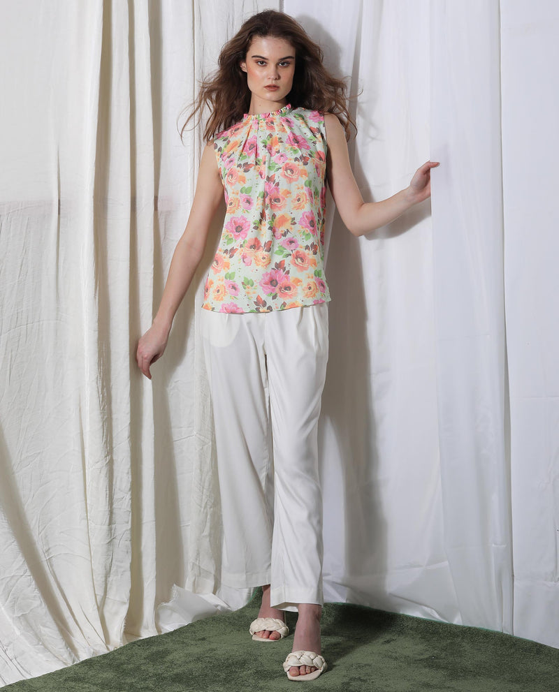 Rareism Women'S Litty Multi Viscose Fabric Ruffled Neck Sleeveless Regular Fit Floral Print Knee Length Top