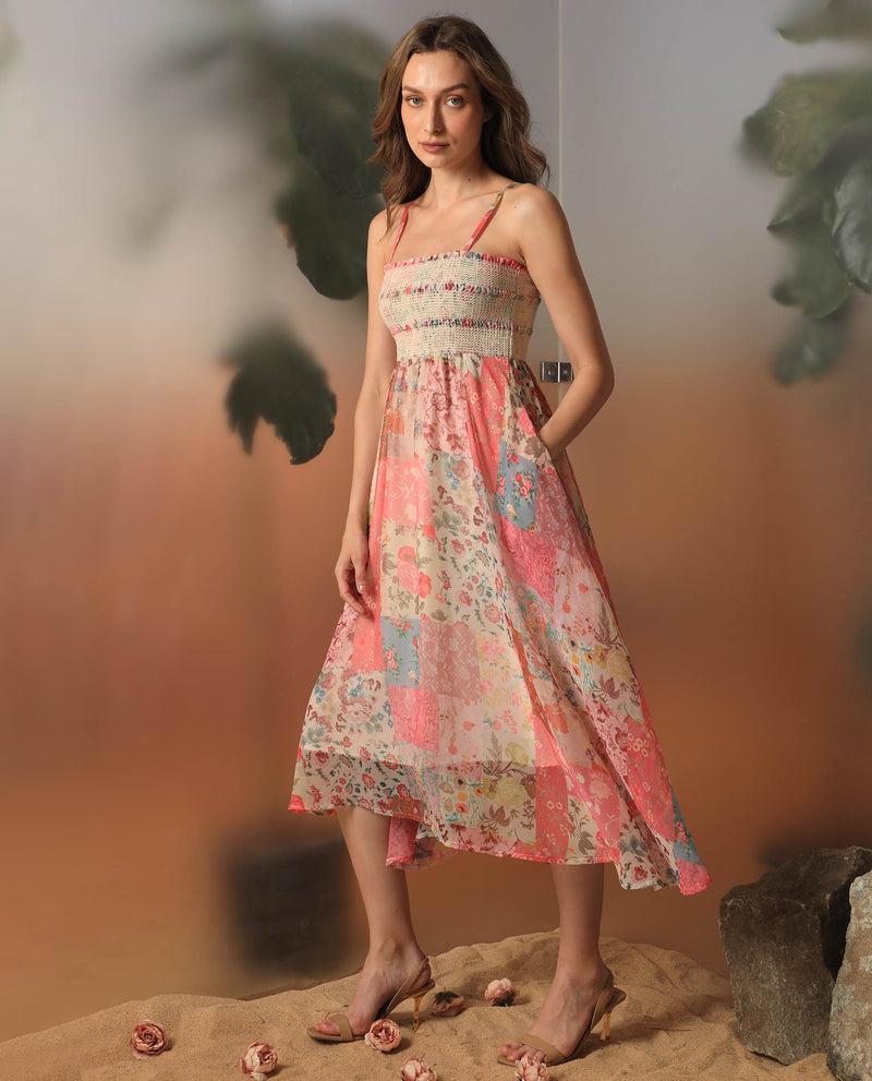 Rareism Women's Louiza Multi Polyester Fabric Sleeveless Shoulder Straps Regular Fit Floral Print Knee Length Empire Dress