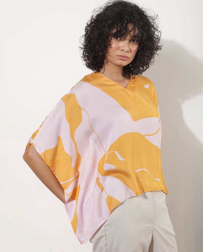Rareism Women's Alyse Mustard Modal Fabric Short Sleeves V-Neck Regular Fit Abstract Print Top