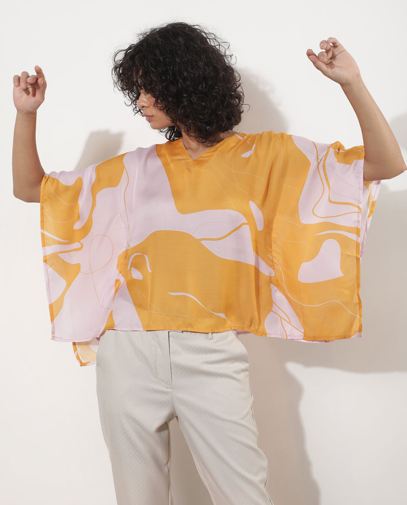 Rareism Women's Alyse Mustard Modal Fabric Short Sleeves V-Neck Regular Fit Abstract Print Top