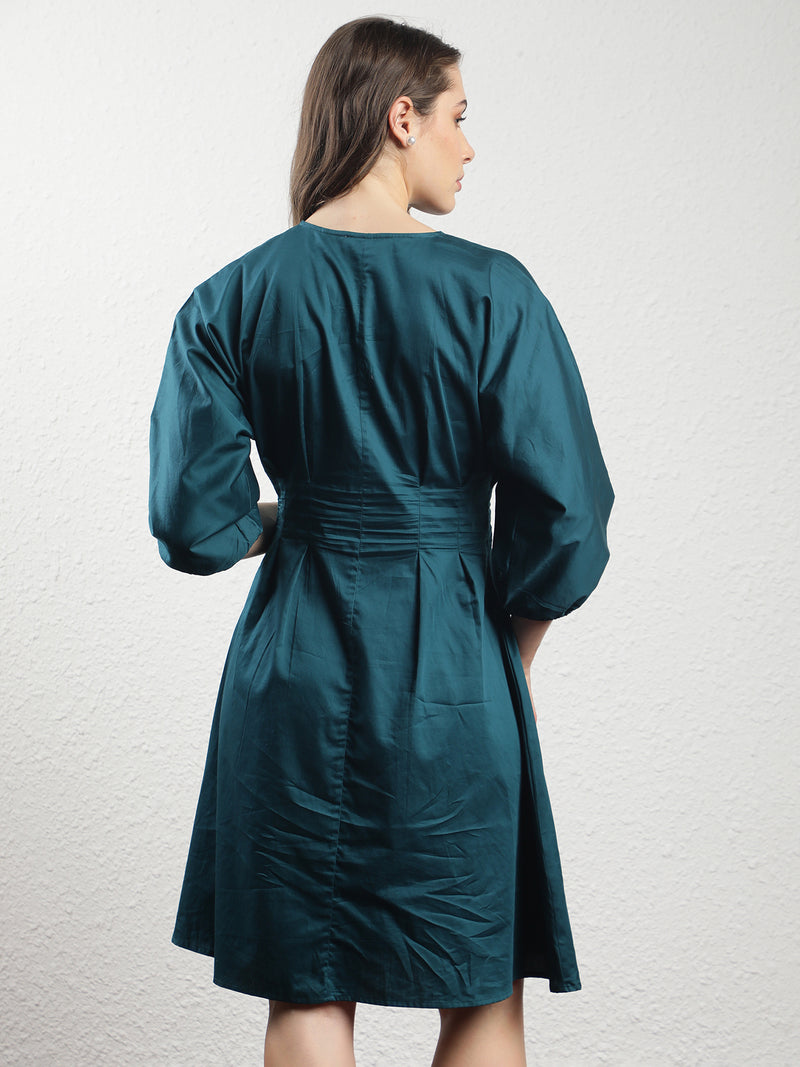 Rareism Women'S Mayem Petrol Cotton Fabric 3/4Th Sleeves Zip Closure Round Neck Volume Sleeve Tailored Fit Plain Knee Length Empire Dress