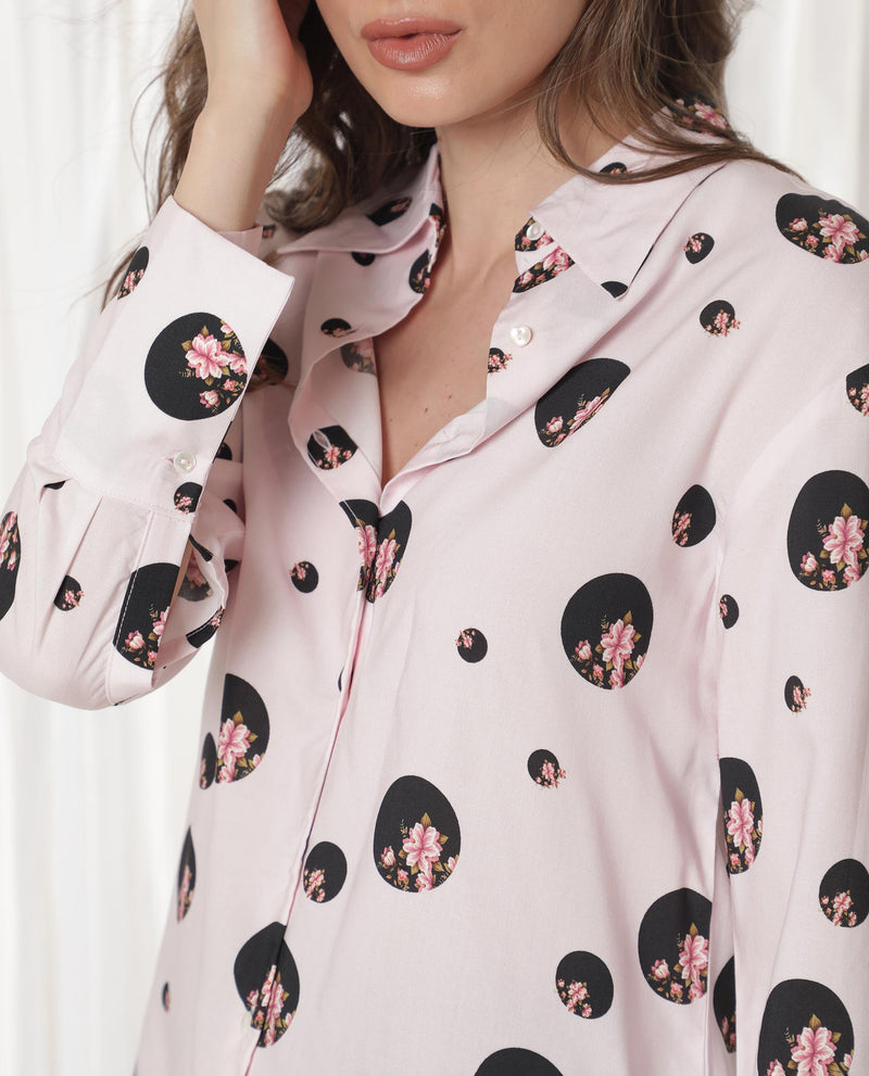 Rareism Women'S Lumber Light Pink Polyester Fabric Full Sleeves Button Closure Shirt Collar Regular Fit Floral Print Top