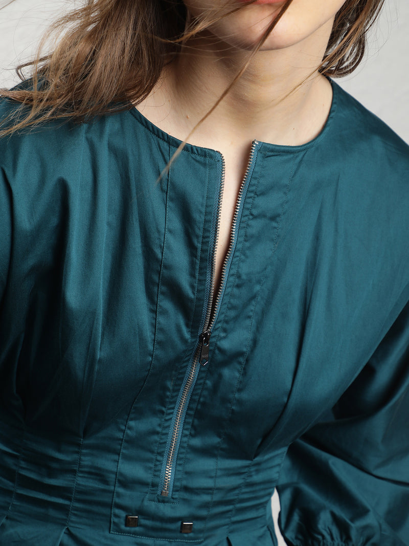 Rareism Women'S Mayem Petrol Cotton Fabric 3/4Th Sleeves Zip Closure Round Neck Volume Sleeve Tailored Fit Plain Knee Length Empire Dress
