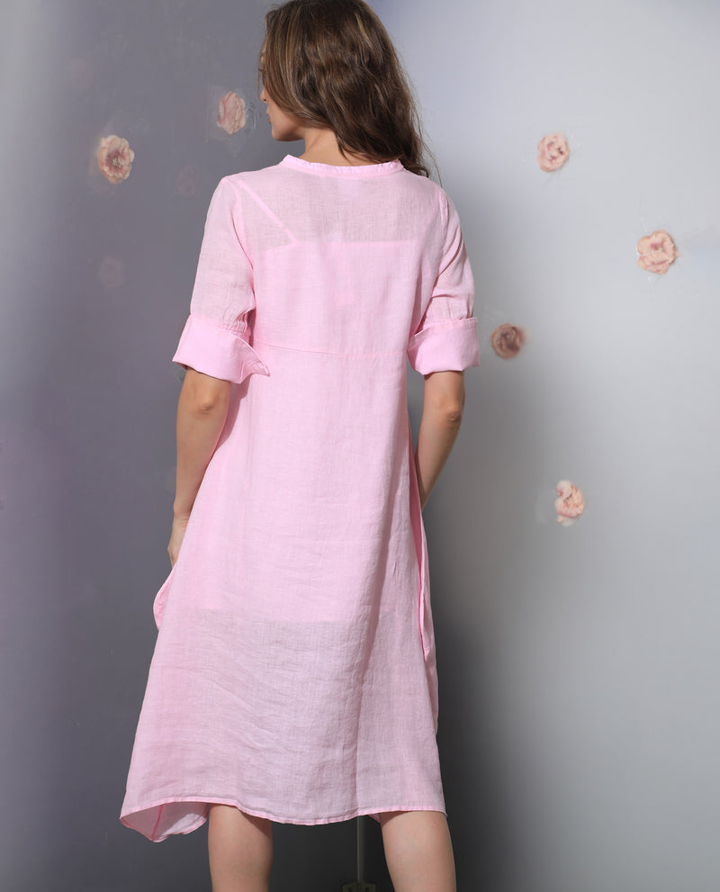 Rareism Women's Chreey 1 Pink V Neck Tie-up 3/4 Sleeves Symmetrical Knee Length Dress