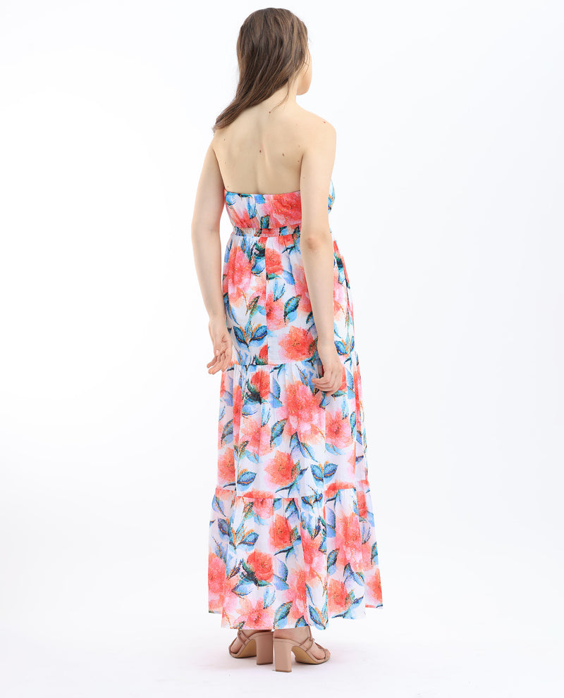 Rareism Women's Izabelle Multi Cotton Fabric Sleeveless Tube Neck Shoulder Straps Fit And Flare Floral Print Maxi Dress