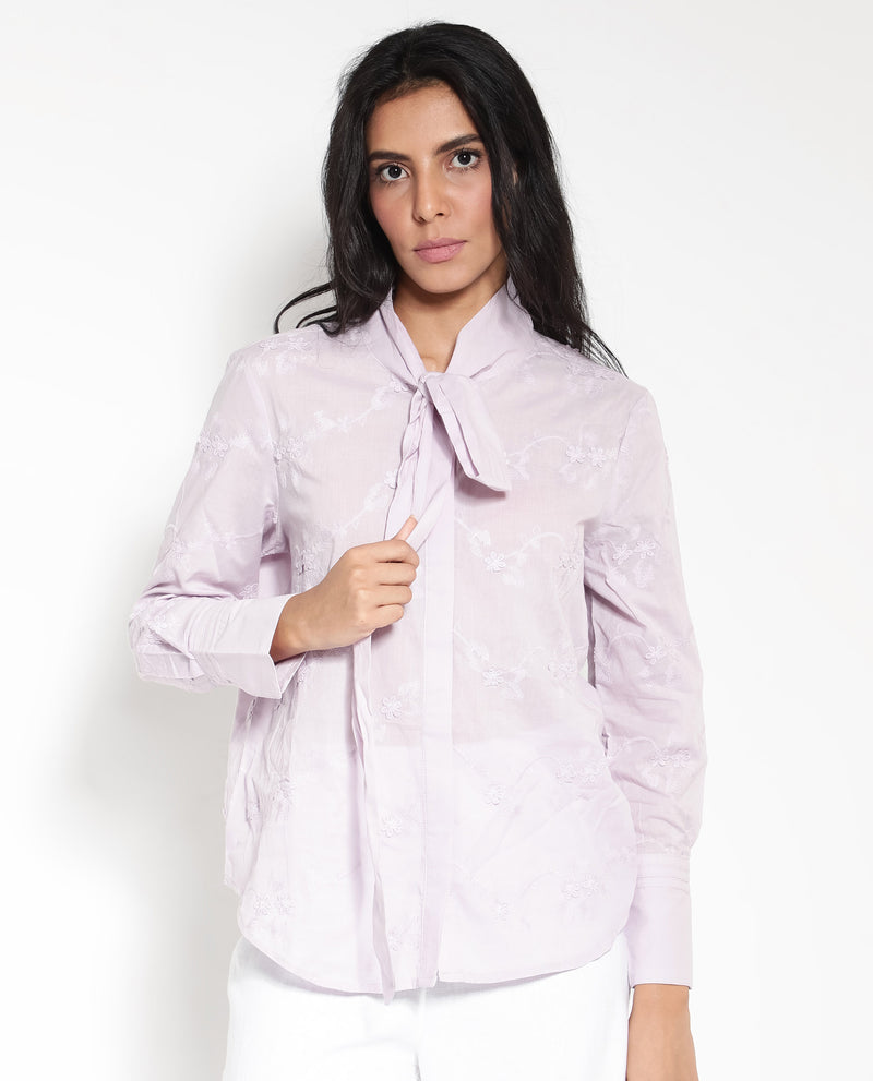 Rareism Women'S Jeneiro Pastel Purple Cotton Fabric Cuffed Sleeves Tie Up Neck Plain Shirt