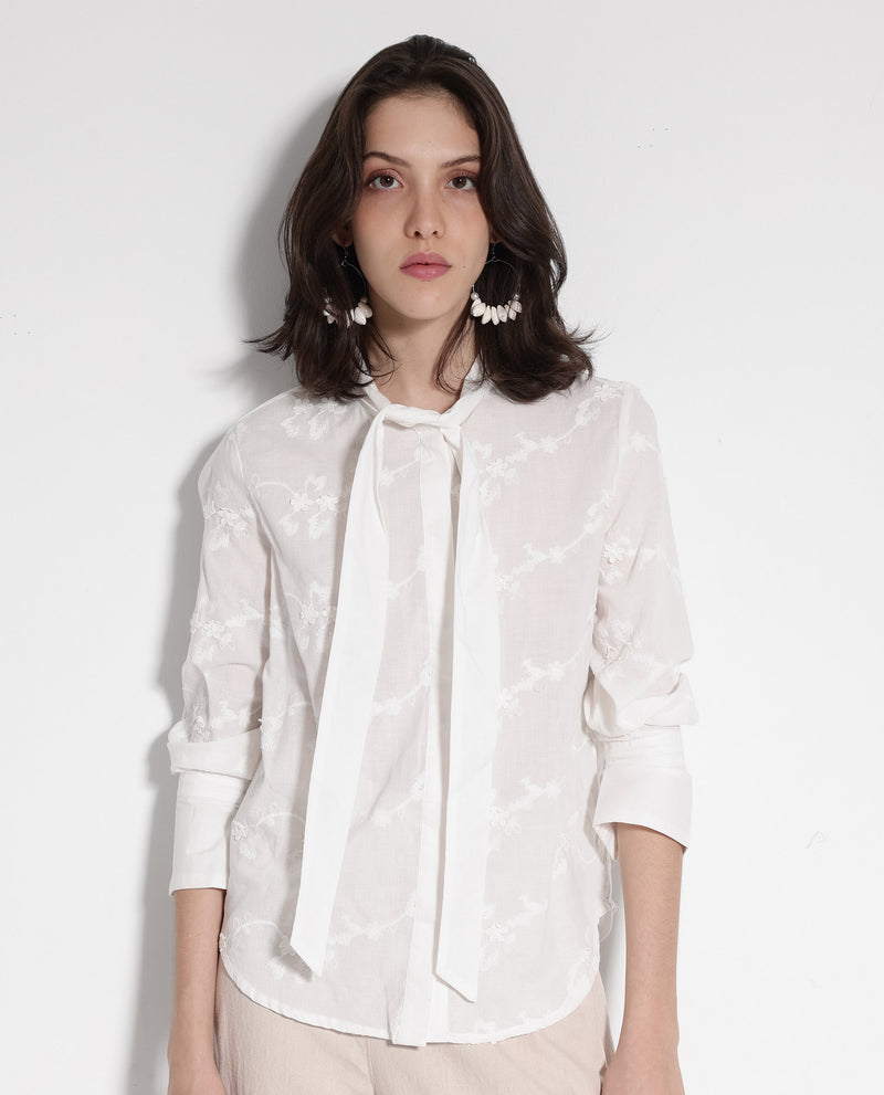 Rareism Women'S Jeneiro White Cotton Fabric Cuffed Sleeves Tie Up Neck Plain Shirt