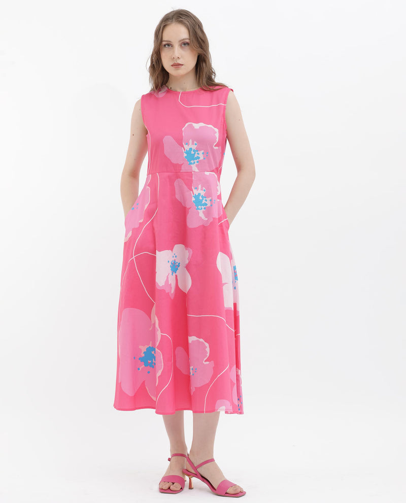 Rareism Women's Jerile Flouroscent Pink Cotton Fabric Sleeveless Boat Neck Floral Print Longline Dress