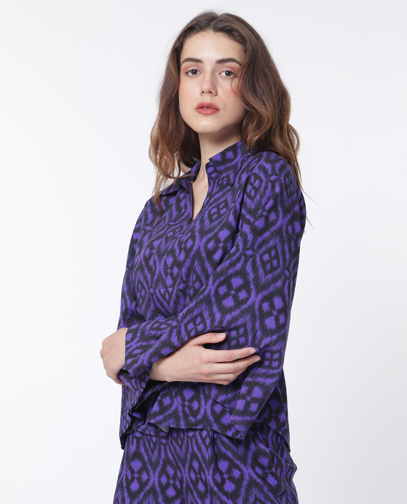 Rareism Women's Jones Dark Navy Viscose Fabric Full Sleeves Shirt Collar Flared Sleeve Relaxed Fit Geometric Print Boxy Top