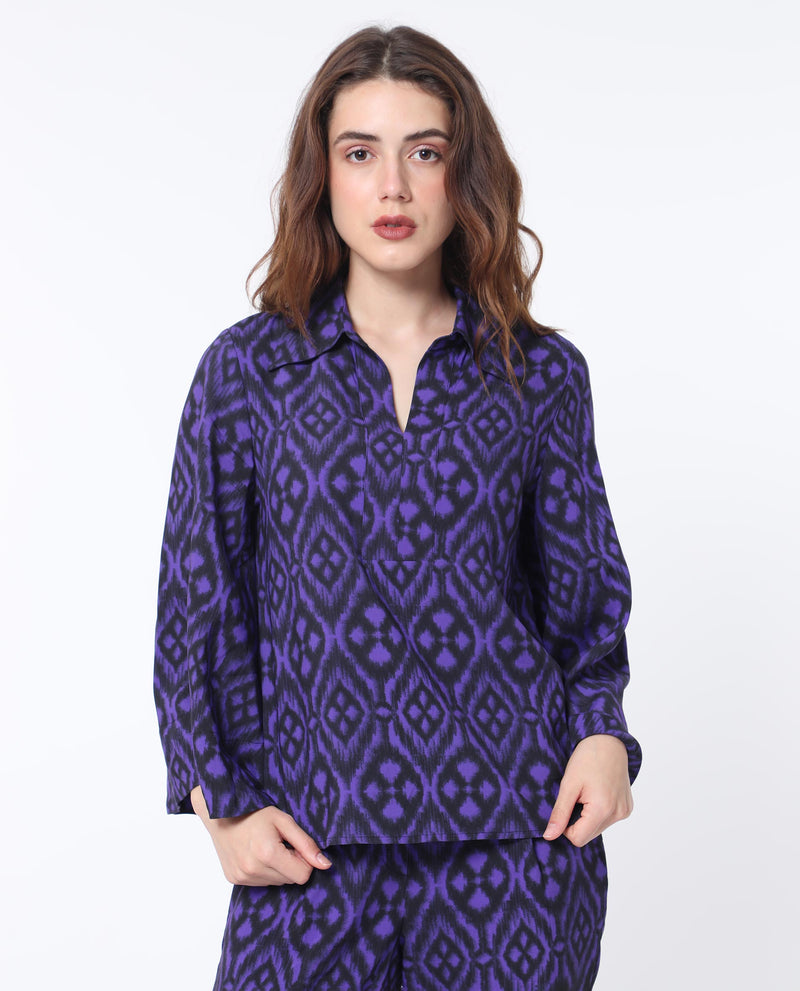 Rareism Women's Jones Dark Navy Viscose Fabric Full Sleeves Shirt Collar Flared Sleeve Relaxed Fit Geometric Print Boxy Top
