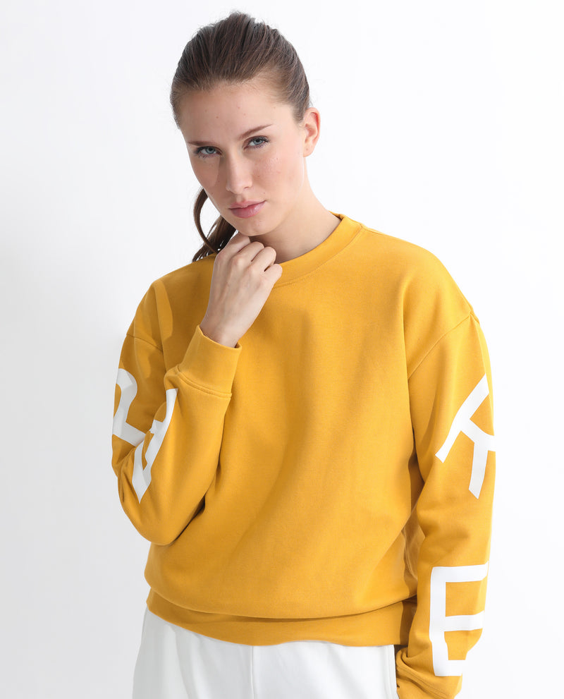 Rareism Women'S Joni Mustard Poly Cotton Fabric Regular Fit Full Sleeves Graphic Print Crew Neck Sweatshirt