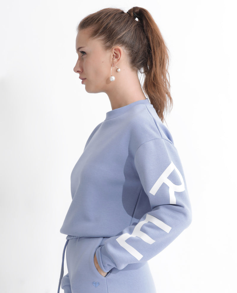 Rareism Articale Women'S Jonice Light Blue Poly Cotton Fabric Full Sleeves Crew Neck Regular Fit Graphic Print Cropped Sweatshirt